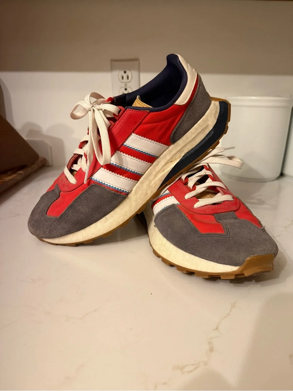 adidas Red, Gray & White Retro Runner Sneakers